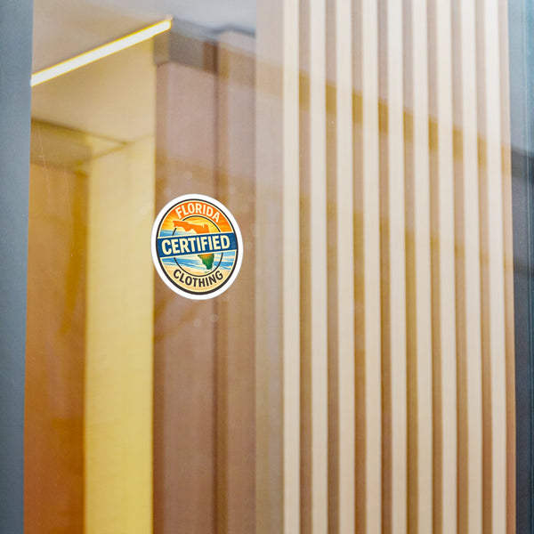 Florida Certified Clothing Vinyl Sticker — Kiss-Cut Round Decal (Beach Sunset Badge)