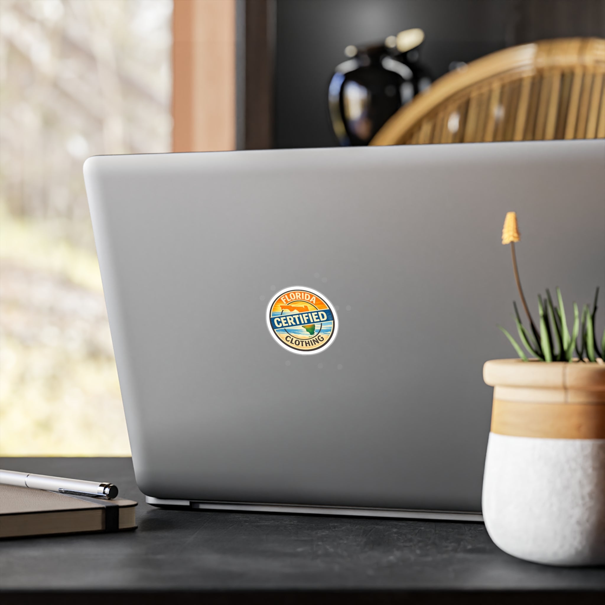 Florida Certified Clothing Vinyl Sticker — Kiss-Cut Round Decal (Beach Sunset Badge)