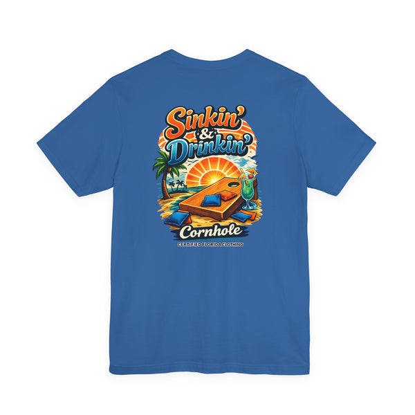 Cornhole T-Shirt — "Sinkin' & Drinkin'" Tropical Sunset Game Tee