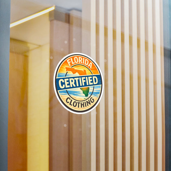 Florida Certified Clothing Vinyl Sticker — Kiss-Cut Round Decal (Beach Sunset Badge)