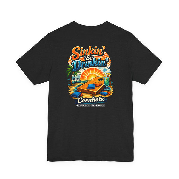 Cornhole T-Shirt — "Sinkin' & Drinkin'" Tropical Sunset Game Tee