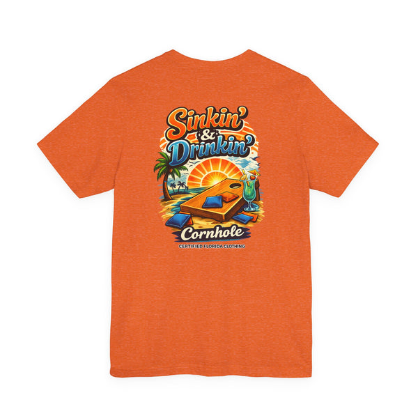 Cornhole T-Shirt — "Sinkin' & Drinkin'" Tropical Sunset Game Tee