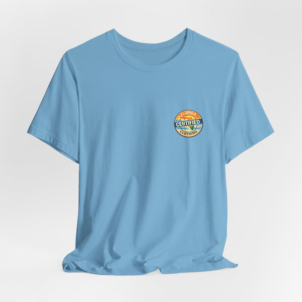 Cornhole T-Shirt — "Sinkin' & Drinkin'" Tropical Sunset Game Tee