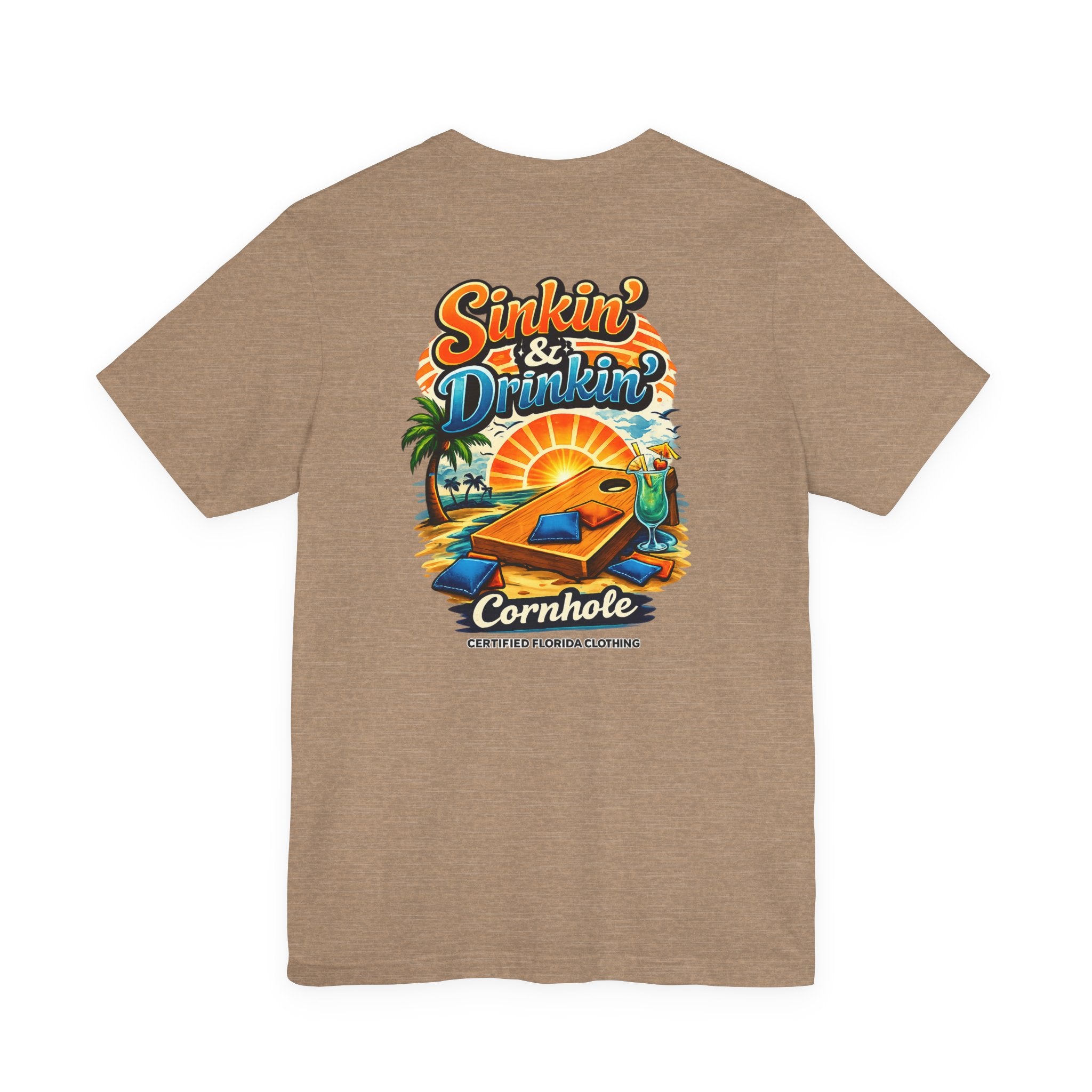 Cornhole T-Shirt — "Sinkin' & Drinkin'" Tropical Sunset Game Tee