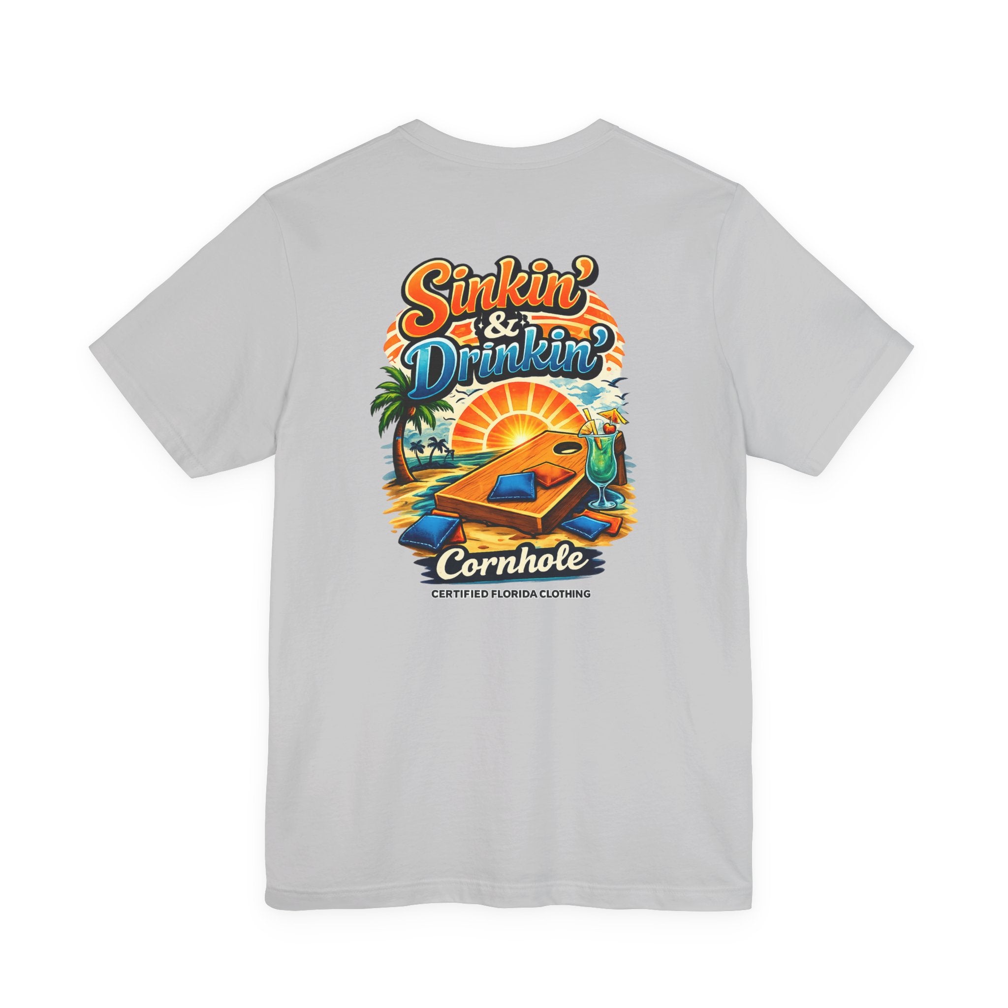 Cornhole T-Shirt — "Sinkin' & Drinkin'" Tropical Sunset Game Tee