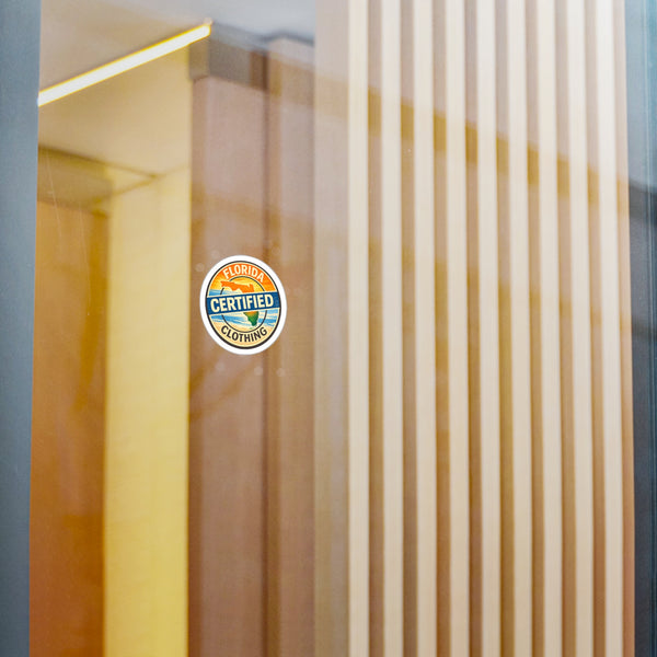 Florida Certified Clothing Vinyl Sticker — Kiss-Cut Round Decal (Beach Sunset Badge)