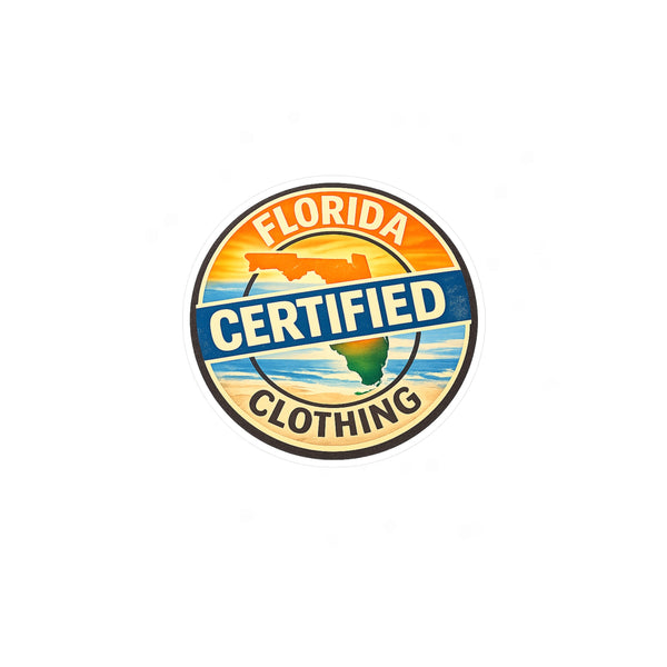 Florida Certified Clothing Vinyl Sticker — Kiss-Cut Round Decal (Beach Sunset Badge)