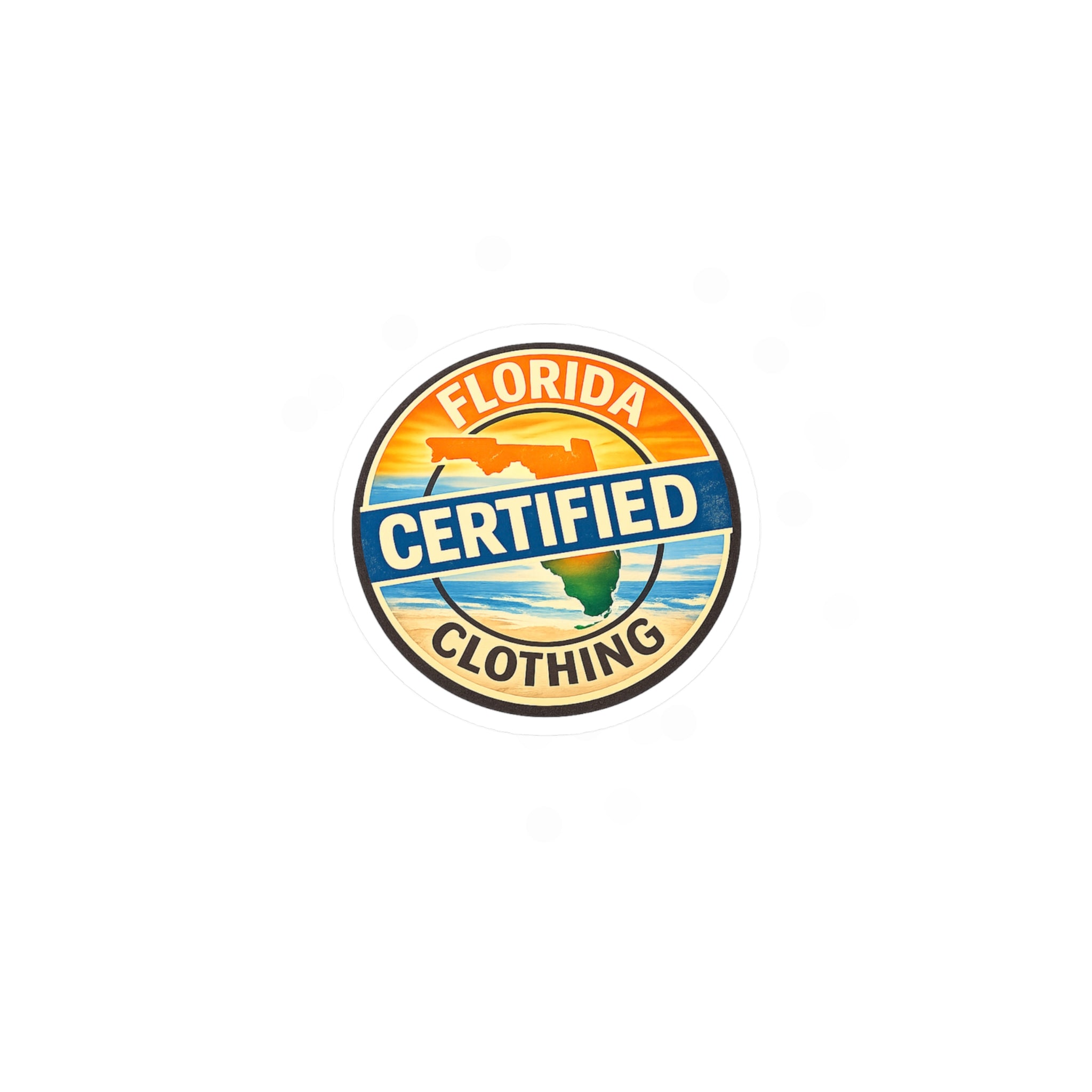 Florida Certified Clothing Vinyl Sticker — Kiss-Cut Round Decal (Beach Sunset Badge)