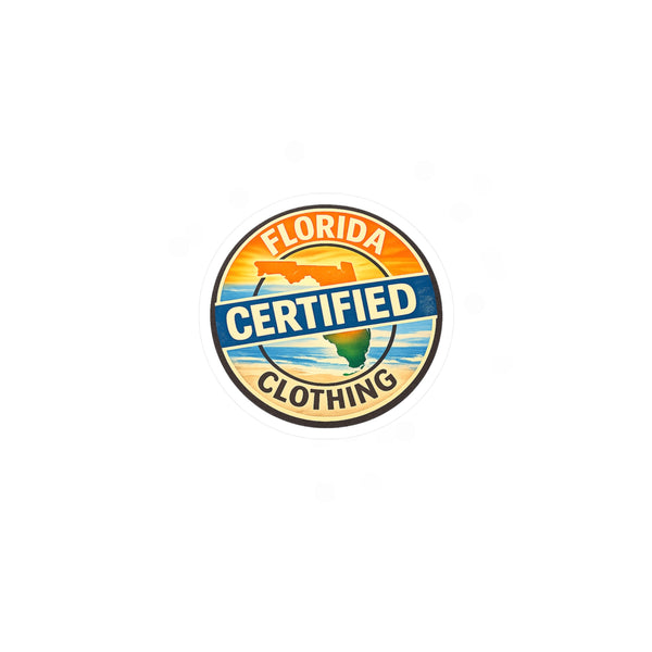 Florida Certified Clothing Vinyl Sticker — Kiss-Cut Round Decal (Beach Sunset Badge)
