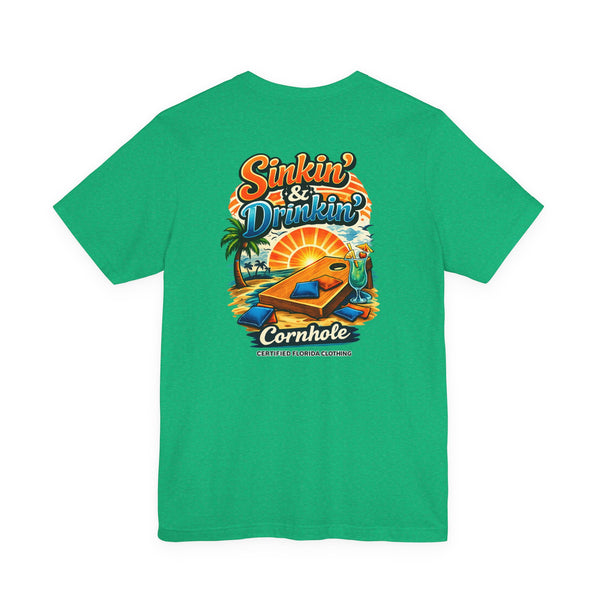 Cornhole T-Shirt — "Sinkin' & Drinkin'" Tropical Sunset Game Tee