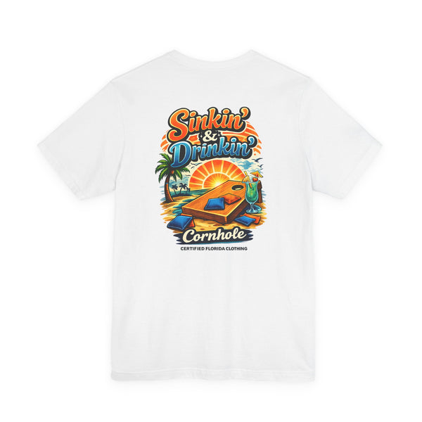 Cornhole T-Shirt — "Sinkin' & Drinkin'" Tropical Sunset Game Tee