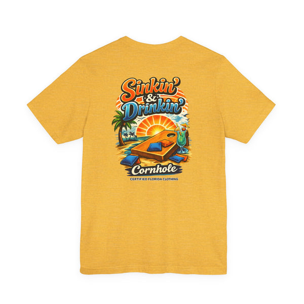 Cornhole T-Shirt — "Sinkin' & Drinkin'" Tropical Sunset Game Tee