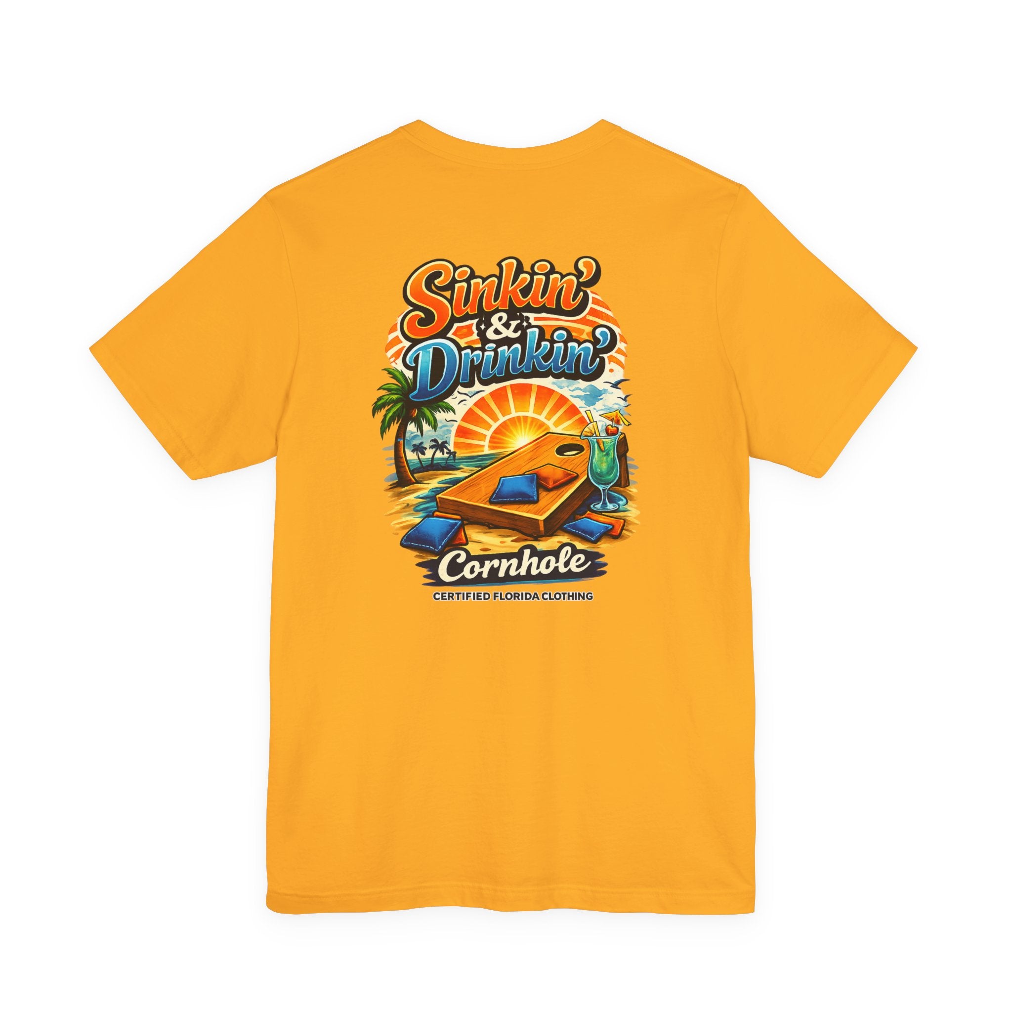 Cornhole T-Shirt — "Sinkin' & Drinkin'" Tropical Sunset Game Tee