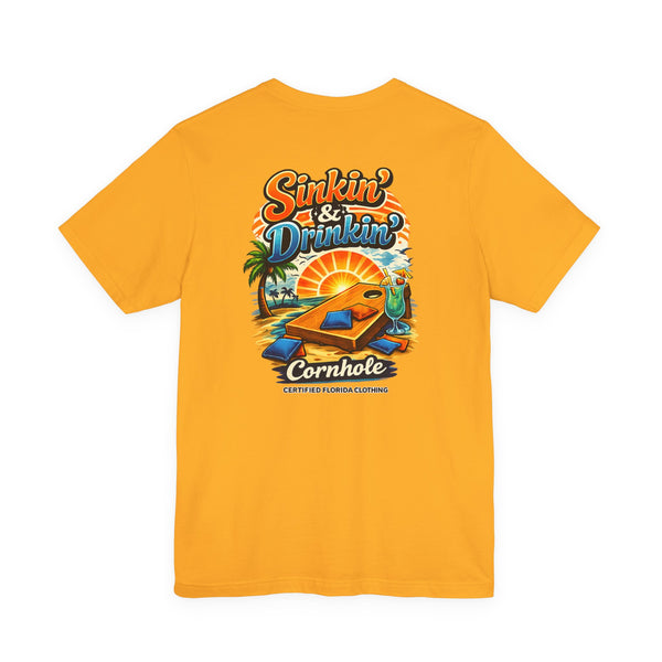 Cornhole T-Shirt — "Sinkin' & Drinkin'" Tropical Sunset Game Tee