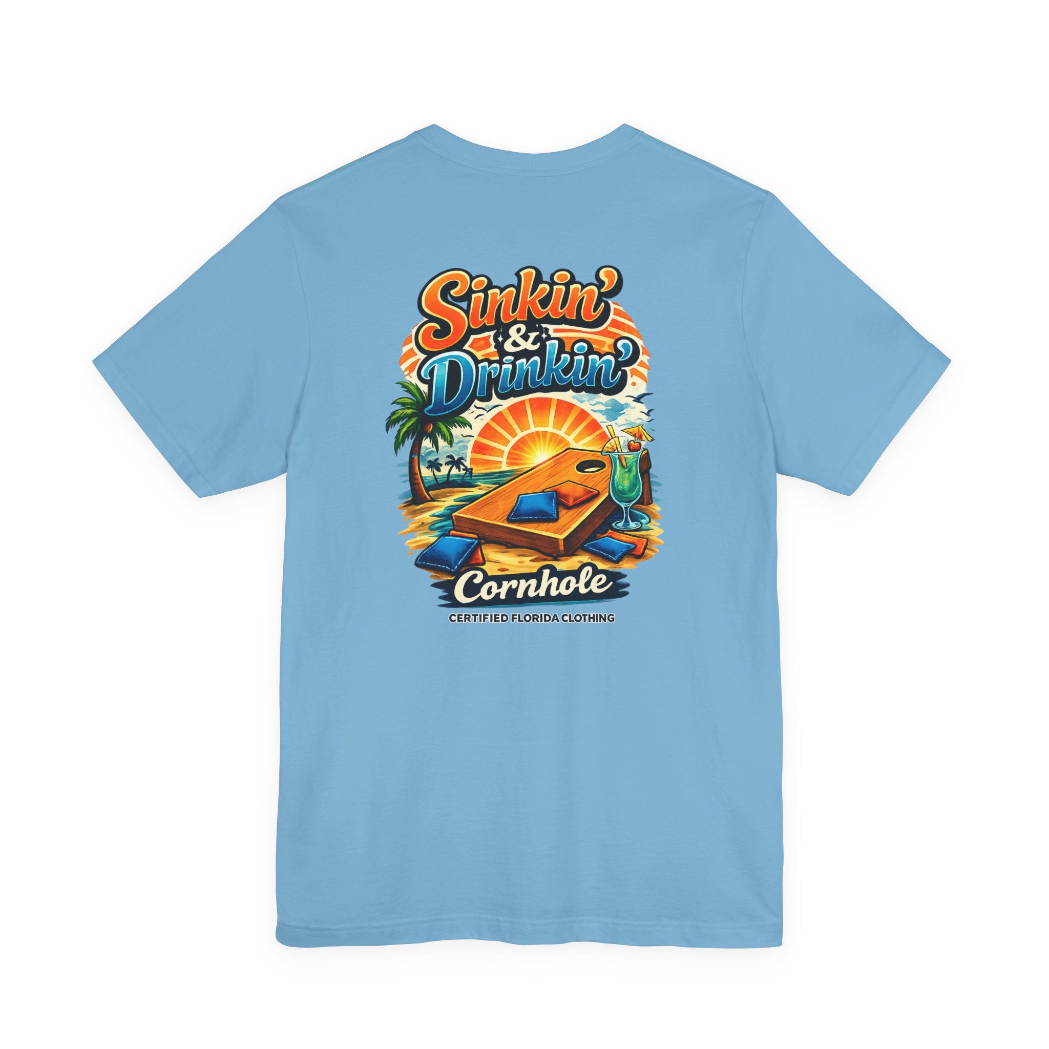 Cornhole T-Shirt — "Sinkin' & Drinkin'" Tropical Sunset Game Tee