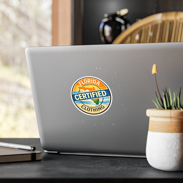 Florida Certified Clothing Vinyl Sticker — Kiss-Cut Round Decal (Beach Sunset Badge)