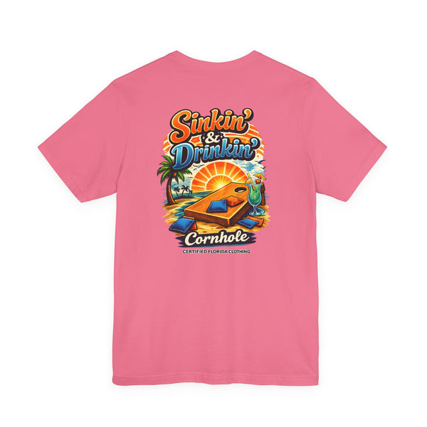 Cornhole T-Shirt — "Sinkin' & Drinkin'" Tropical Sunset Game Tee