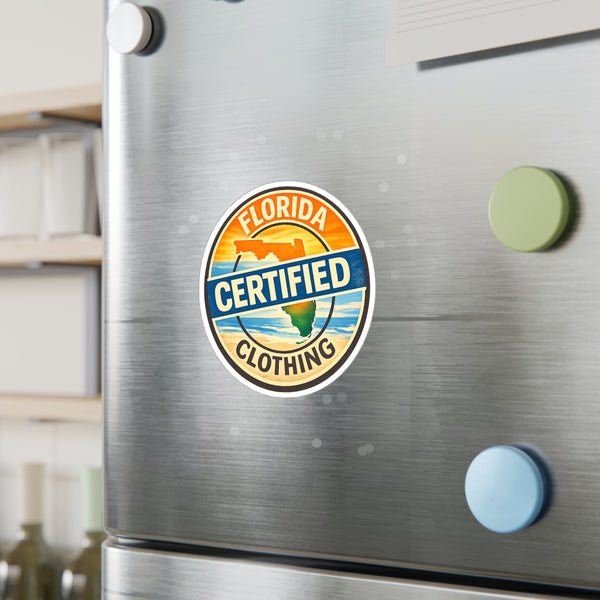 Florida Certified Clothing Vinyl Sticker — Kiss-Cut Round Decal (Beach Sunset Badge)