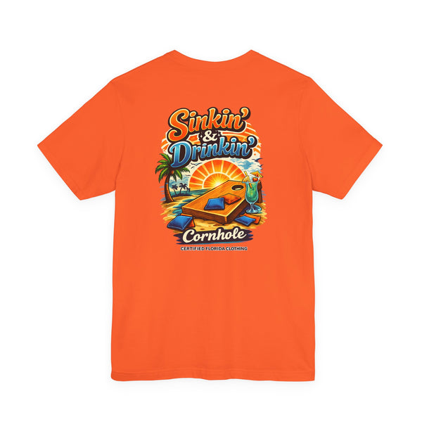Cornhole T-Shirt — "Sinkin' & Drinkin'" Tropical Sunset Game Tee