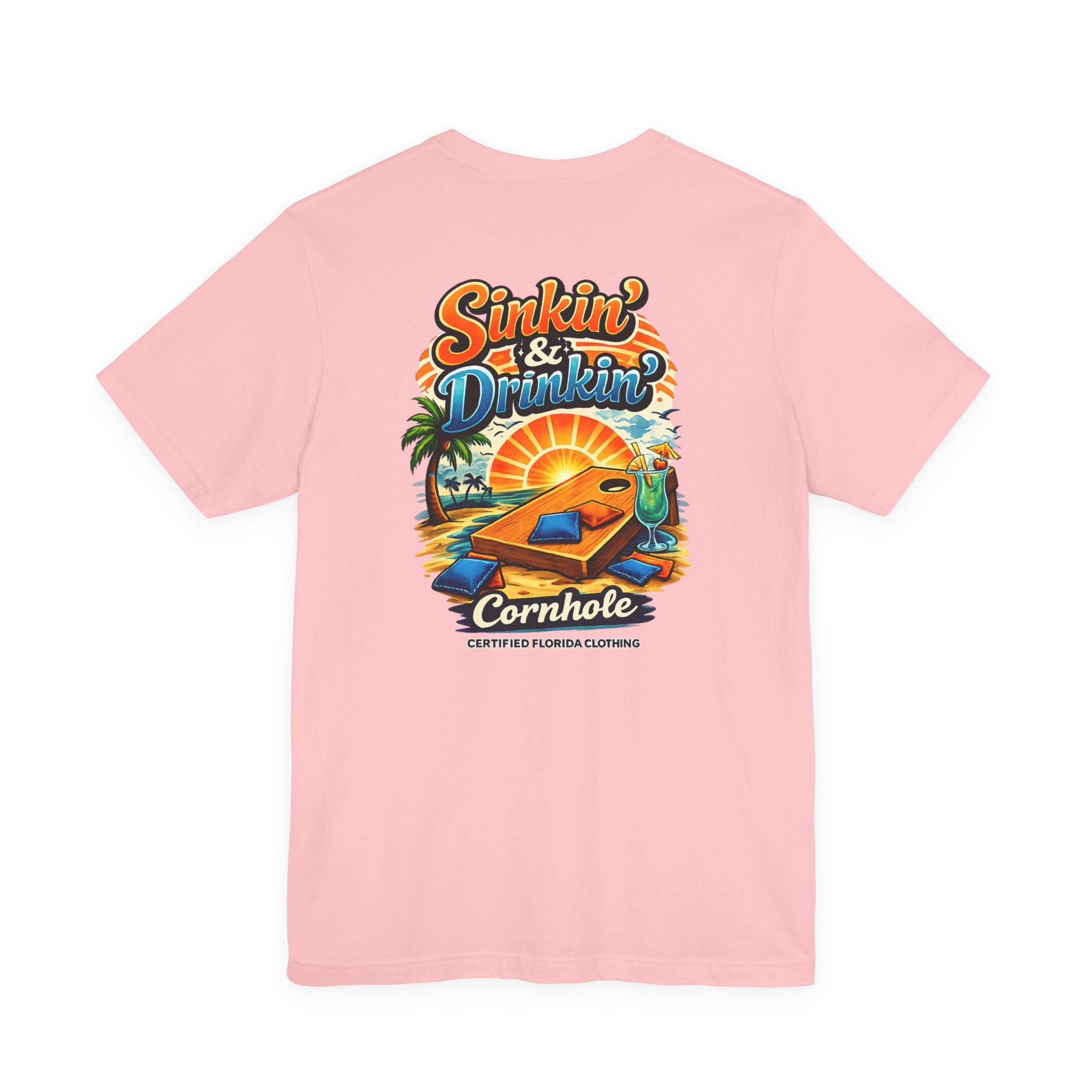 Cornhole T-Shirt — "Sinkin' & Drinkin'" Tropical Sunset Game Tee