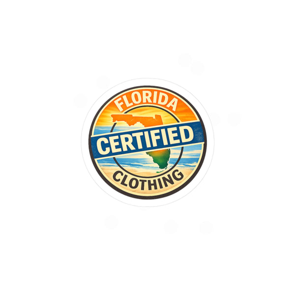 Florida Certified Clothing Vinyl Sticker — Kiss-Cut Round Decal (Beach Sunset Badge)