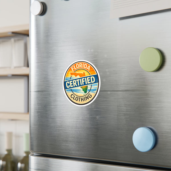 Florida Certified Clothing Vinyl Sticker — Kiss-Cut Round Decal (Beach Sunset Badge)